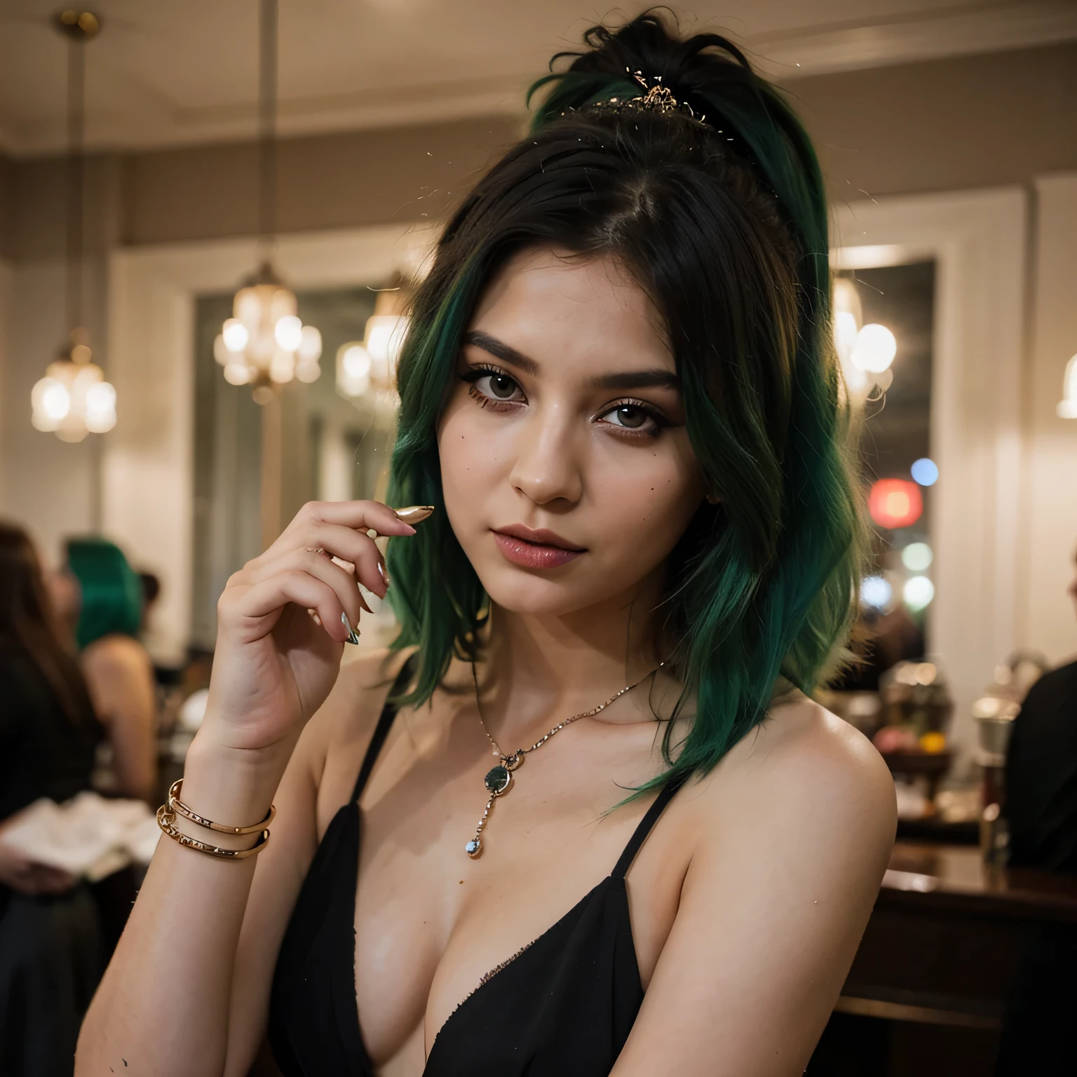1girls, Nur, green Hair , 24 years old , She is wearing a black dress with a slit, heavy makeup, and extravagant jewelry.