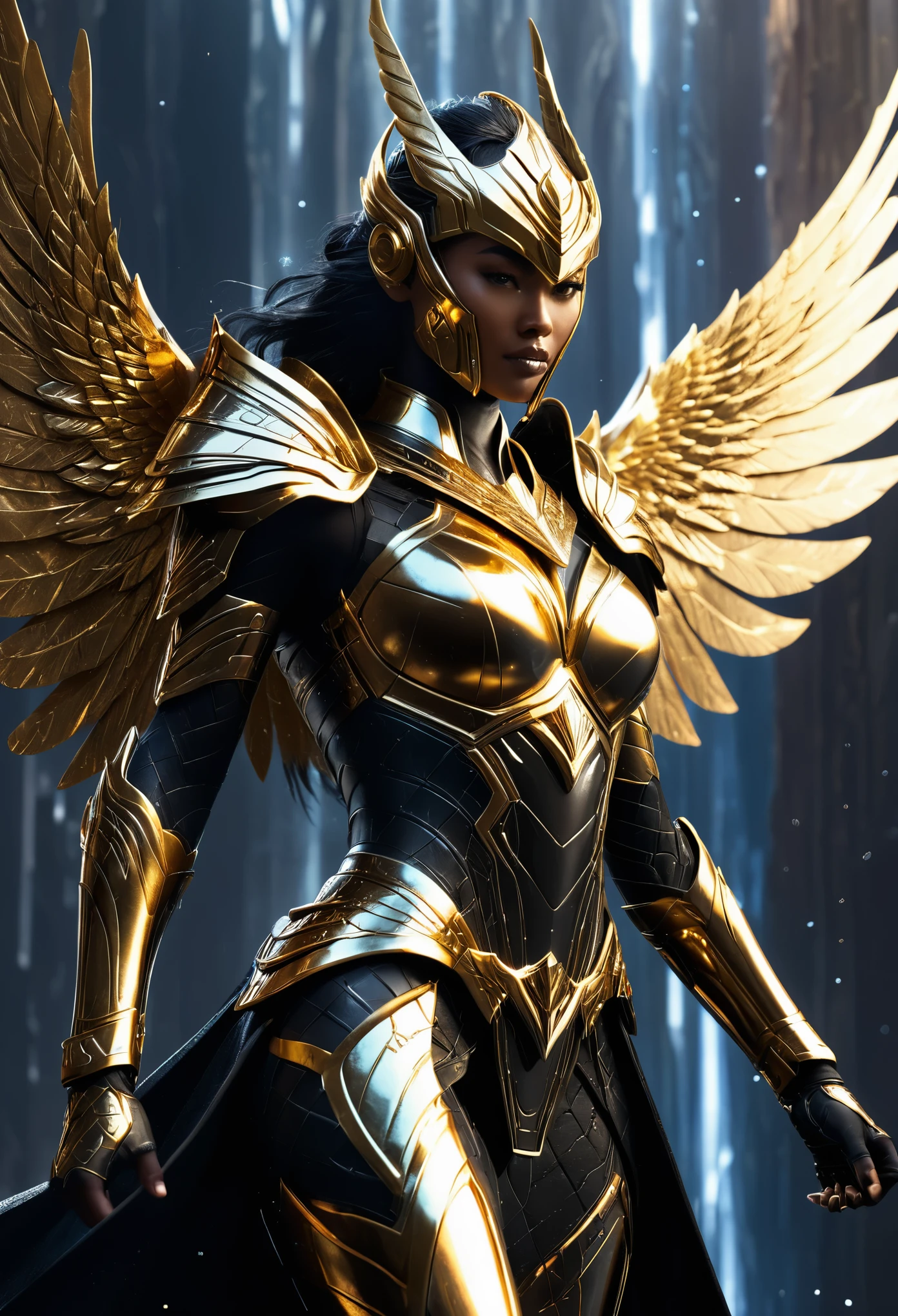 Create an image of a futuristic, black and gold skin-clad warrior, with intricate metallic armor detailing, wielding a sleek energy sword, beautiful wings, standing triumphantly atop a towering crystal formation, casting an ethereal energy aura.