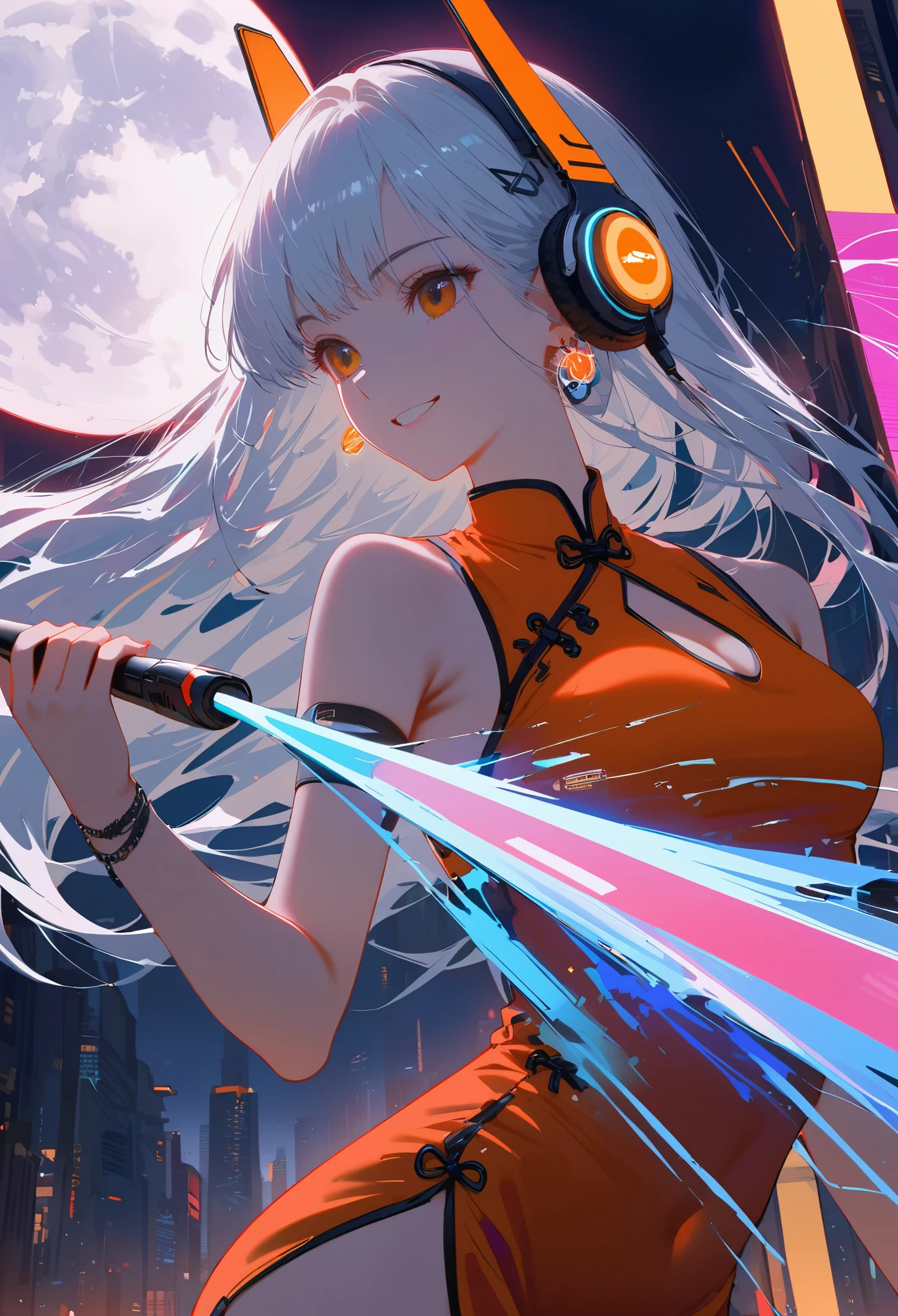 1 girl, Chinese_clothing, liquid silver and Tangerine, cyberhan, cheongsam, cyberpunk city, dynamic poses, Detailed glowing headphones, Luminous hair accessories, long hair, Luminous earringss, glow necklace, cyberpunk, 高And technology城, full of mechanical and futuristic elements, futuristic, And technology, glowing neon lights, Tangerine, Tangerine light, Transparent tulle, Transparent streamers, laser, digital background sky, big moon, Have a car, best quality, masterpiece, 8K, Character edge light, Ultra high detail, high quality, The most beautiful woman in mankind, Smile, Facing forward and symmetrical, earrings, beautiful student, Lighting effects, visual data, silver hair, Ultra-detailed facial texture
