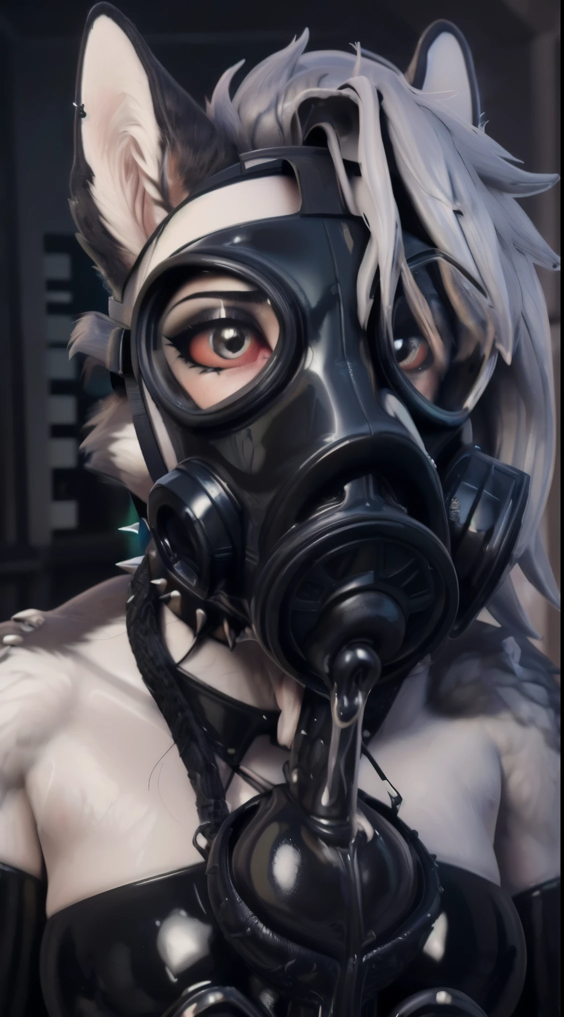 A highly detailed pov illustration of (((female, canine, young, , flat chest, young, lithe, loona))), looking at viewer, pleasured expression, snarling, gritting teeth, aroused, black spiked collar,  black, black latex suit, bottomless, horsecock, gas mask covers face so that only eyes and ears and hair is visible, detailed, (feminine eyes, detailed eyes, red sclera, ultra detailed eyes), sexual, aroused, wet, slimy, puffy, swollen, blushing, dripping, drenched, thighs wet, standing over viewer, viewed from above, close-up, ((extremely wet, clear slimy fluid coating, gas mask, gp5, clear fluid squirting from, streams of clear fluid erupting from, dripping, saliva strands connected to, strands of juice pooling on floor)), ((thick layers of sticky cum coating, (pov perspective of my arm from bottom of image, oral play, mouth open wide), (detailed fur texture, detailed fur), detailed background, goth bedroom, ((steamy, thick steam around, ((extremely close-up of, takes up 75% of image, pov perspective of being inserted into, pov perspective of being inserted deep into, by sandra chevrier and greg rutkowski and wlop, bright light, digital art, highly detailed, fine detail, intricate, ornate, complex, octane render, unreal engine, photorealistic, 8k, 16k,