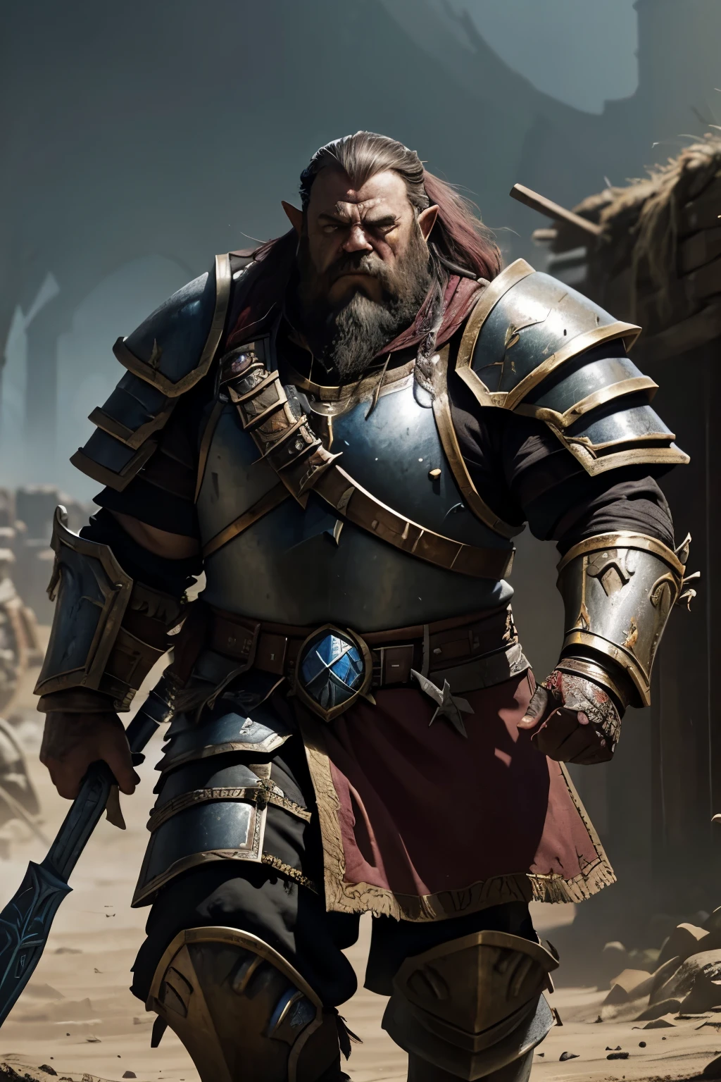 world of warcraft dwarf paladin wearing heavy plate layered armor holding a bloddied warhamer walking through a dusty battlefield with dead orcs laying around