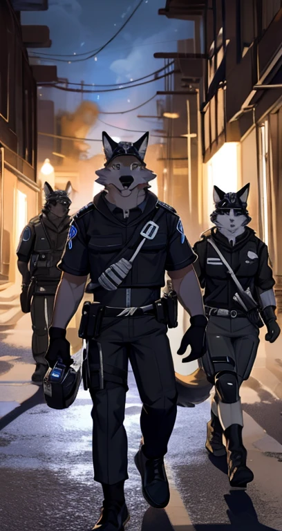 Wendell, top quality, best quality, highres, masterpiece, super high resolution, detailed background, street, gasping for air(super handsome boys, dog)police officer, swat, police uniform, 6+boys, 6+girls, absurdres(highly detailed beautiful face and eyes)perfect anatomy, good lighting, volumetric lighting, cinematic shadow(kemono, furry anthro),