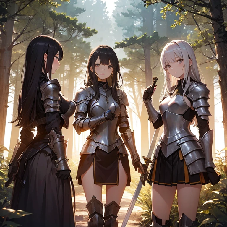 A group of female knight, (in forest), various hair styles, harem, wearing armored clothes, metal armor, night, details face, , short skirt, seducing, sword