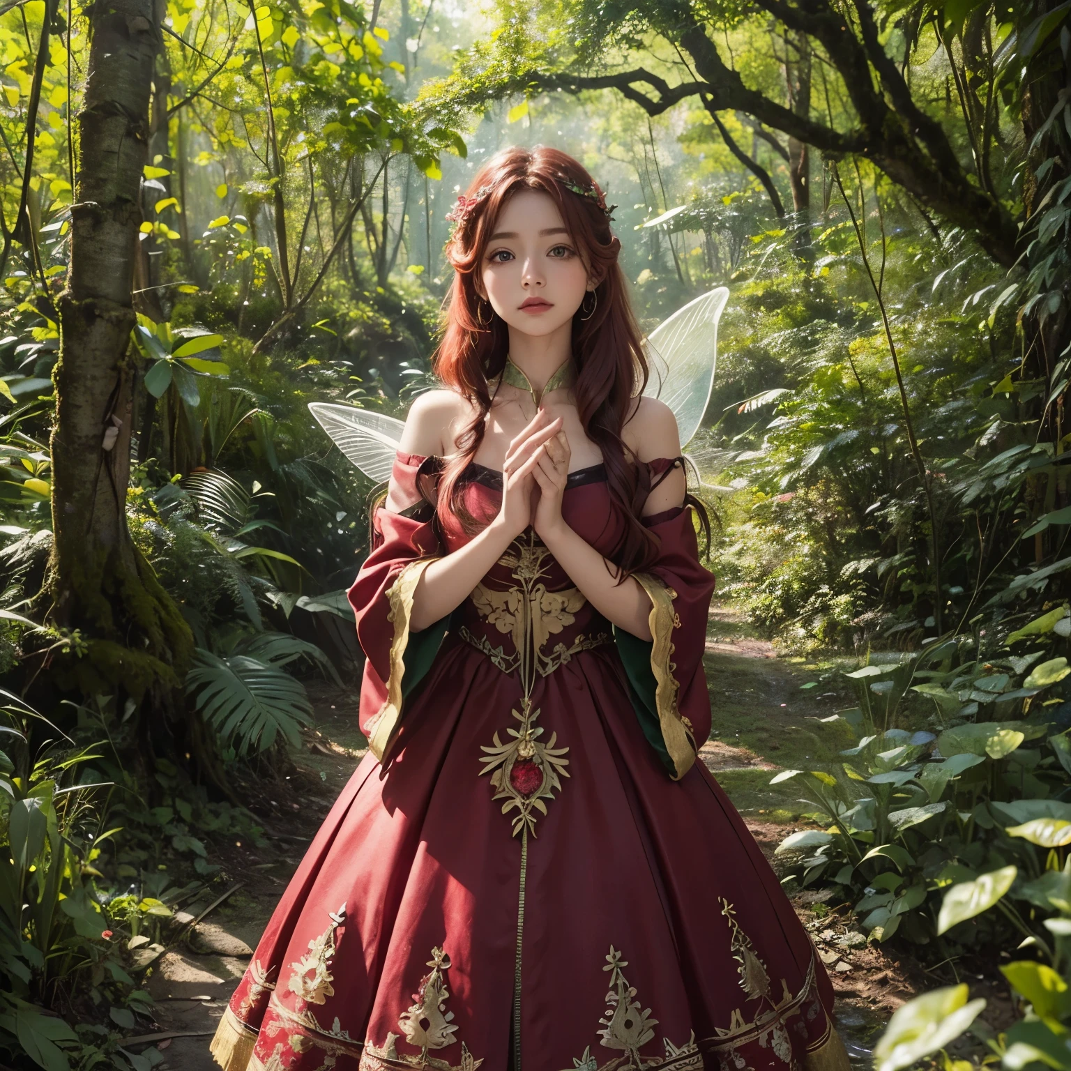 Young fairy from the magical world, Be magical, con alas grandes, , pelo color rojo, ojos cristalinos verdes, vestimenta floral y alegre, flies in the forest with large vegetation
