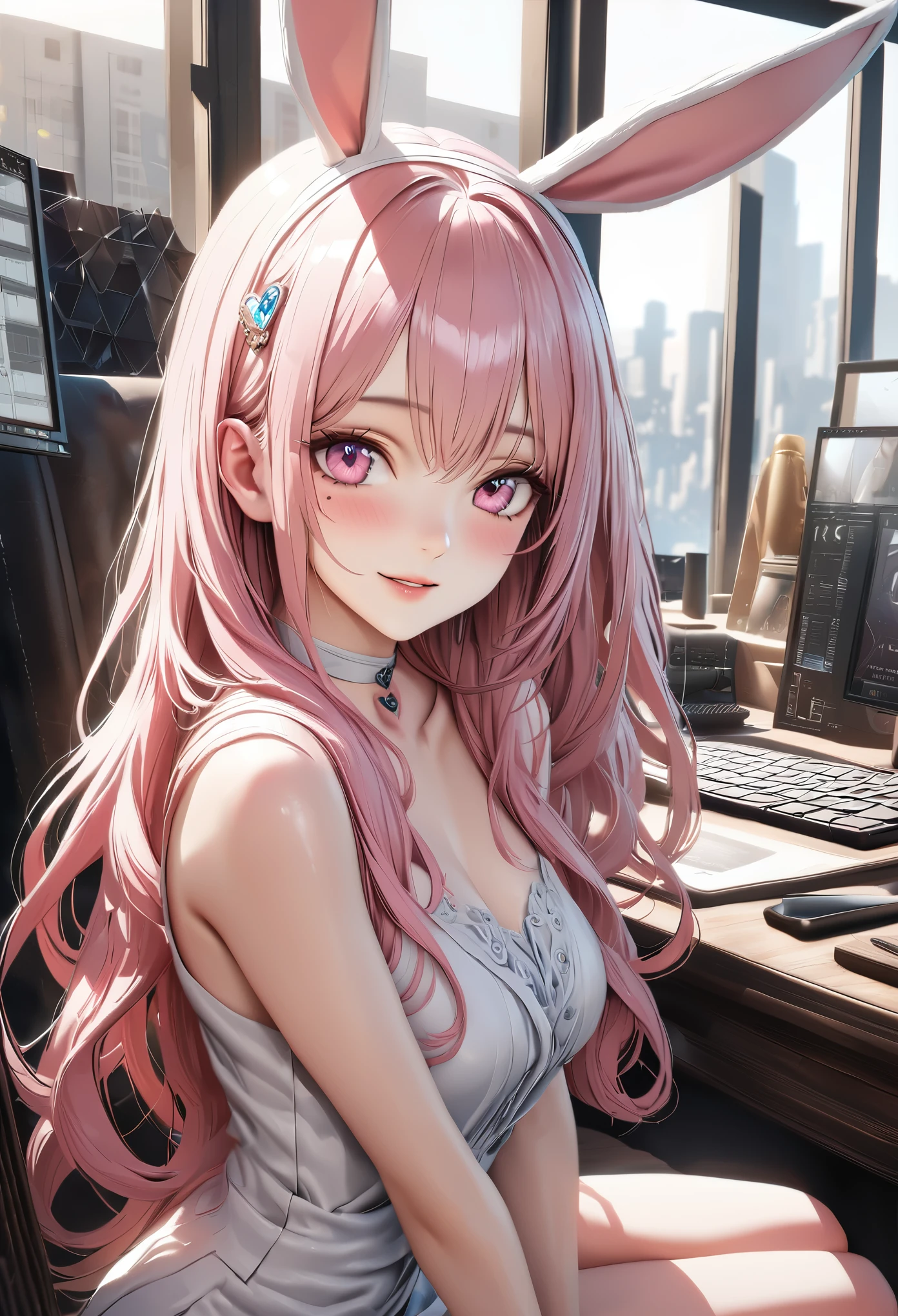 master piece,highest quality, Super detailed, High resolution, expensive resolution, HDR, 4k, 8K, unity 8k wallpaper, Super detailed CG, masterpiece, realistic, photorealistic, 2D, 3D, beautiful details, depth, fine texture , super fine: 1.3, Fully focused, Crispy.skin, .he,
Very cute anime girl with Pink semi-long hair wearing expensive , one girl, smile、alone, Pink semi-long hair, animal ears, Bunny ears, office、Business service、computer、disk、mole under the eye, looking at the viewer , expensive , blush, mole, Bunny ears, parted lips, hair ornaments, heart, pink eyes, choker