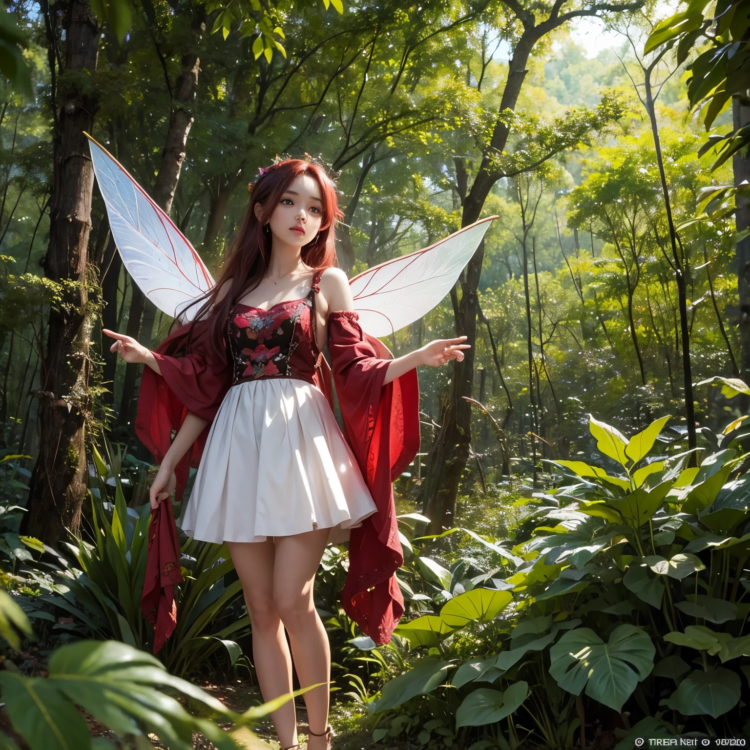 Young fairy from the magical world, Be magical, con alas grandes, , pelo color rojo, ojos cristalinos verdes, vestimenta floral y alegre, flies in the forest with large vegetation