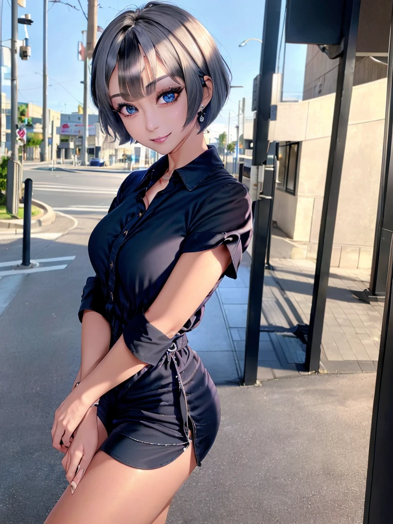 masterpiece, 8K, award winning photography, photorealistic, realistic, super detailed, ultra high resolution, Ray Trakun, __ the most beautiful, 22 years ago ,(sexy,japanese idol, gray hair, short hair),shiny skin , fine skin , detailed face , fine eyes , __ __ (droopy eyes:1.2) ,(natural makeup:1.2),(smile:1.3),Shining teeth, __ shining blue eyes, (tanned skin:1.2), __ break (black theme:1.4), (Oversized black collared shirt tucked out and buttoned、black shirt hem:1.5), (long sleeve:1.2), ((clavicle, wrist):1.3), break (white theme:1.2), (white tight long pants:1.2), (ankle:1.3), (high heels:1.2), ((necklace, earrings):1.2), __ at the shopping mall, highly detailed background, , ultra-realistic textures, dramatic lighting ,Raw photo, 1 girl,