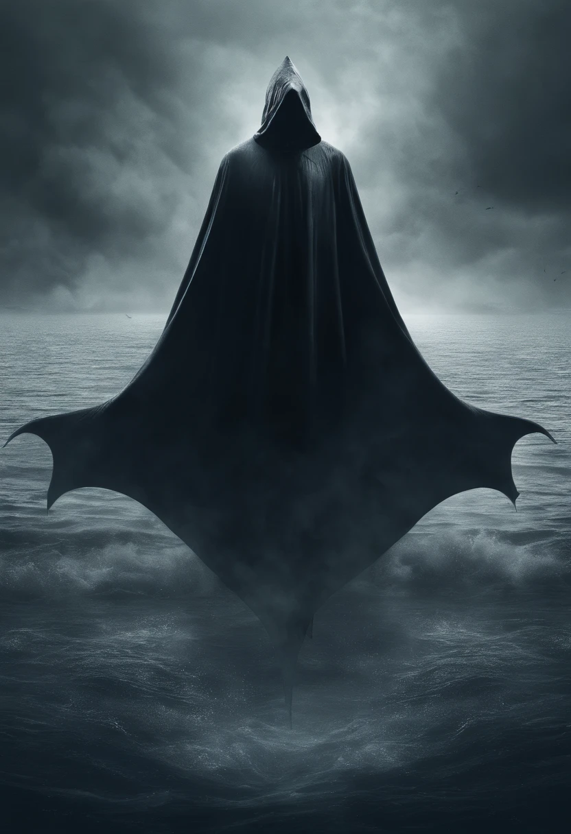 A faceless man, half manta ray, half human, hovering over ocean surface, radiating blinding light from aura of flames