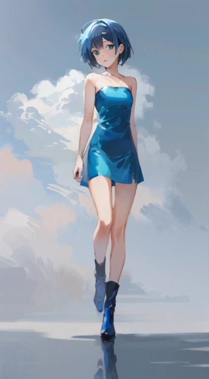 Chica anime con vestido azul caminando sobre fondo blanco., fubuki, anime full body illustration,  en vestido, weaalsog a plastic blue dress, disfraz de leotardo azul oscuro, also, vestido azul hielo, Tacones altos. estilo anime en pixiv, La glamorosa Jill Valentine, clear clothing design, un vestido azul, cushart krenz arte clave femenino