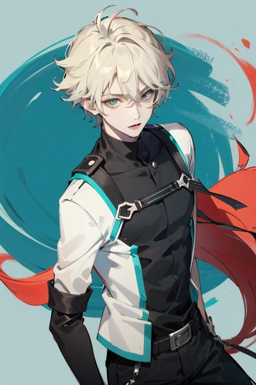 Personagem de anime, masculino, jovem e magro, com cabelos brancos e curtos, with standard and messy anime cut. pale skin and aqua green eyes, com Fundo neutro