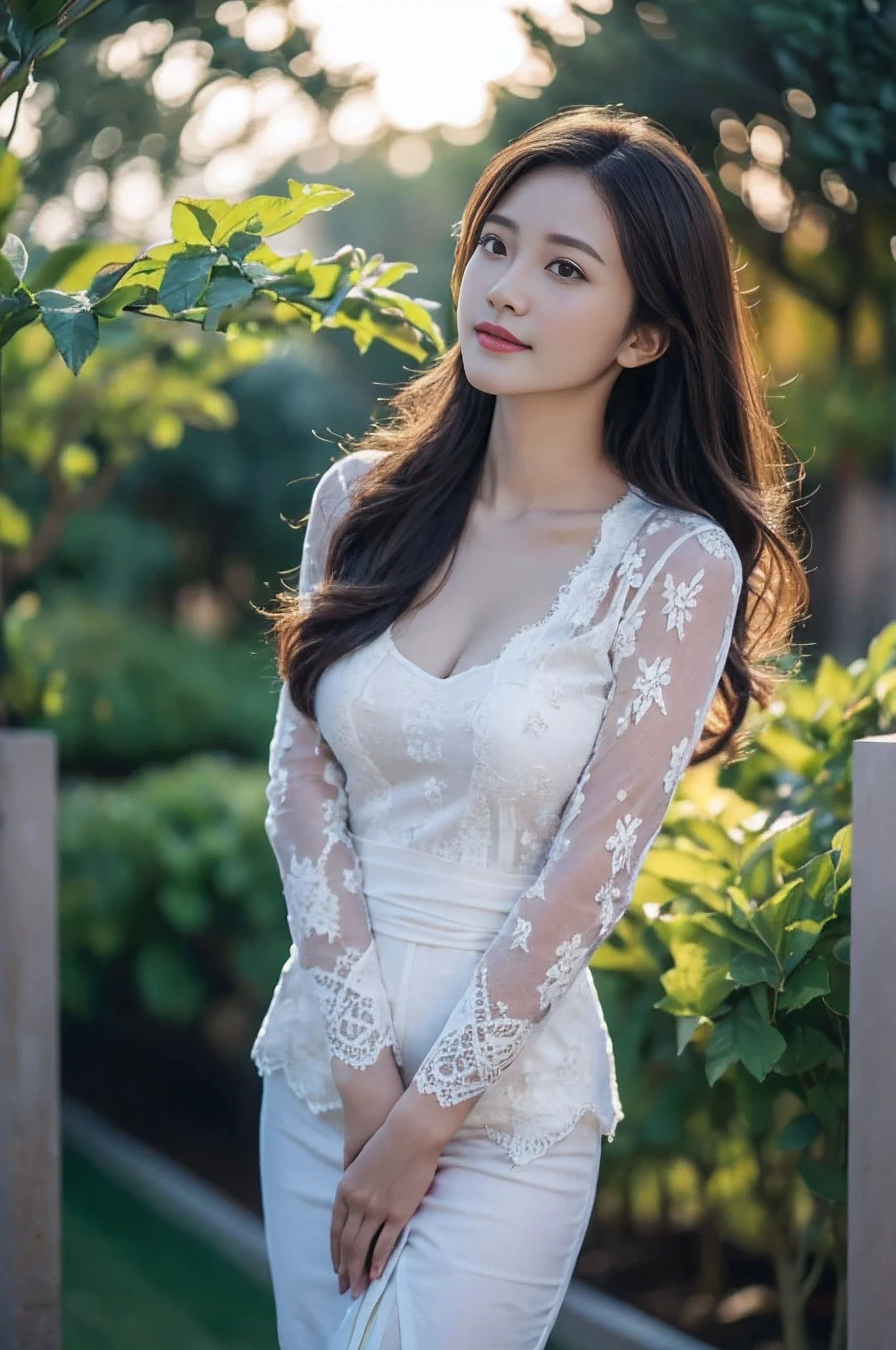 8k, best quality, Medium close-up, (white kebaya )、(luxury kebaya ),(top-quality,masterpiece:1.3,超A high resolution,),(ultra-detailliert,Caustics),(Photorealsitic:1.4,RAW shooting,)Ultra-realistic capture,A highly detailed,high-definition16Kfor human skin, Cute and lovely Korean girl, realistic, ultra detail, photo realistic, Increase quality,
standing in a garden with a scarf, garden, (large breast), (cleavage ), close-up shot, mouth,dark-haired, long hair, (depth of fields、chromatic abberation、Wide range of lighting、Natural Shading、)、(Exterior light at night:1.4)、(Hair swaying in the wind:1.2).