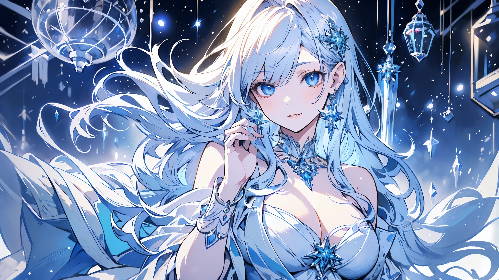 (best quality,4k,8k,highres,masterpiece:1.2), ultra-detailed, (realistic,photorealistic,photo-realistic:1.37), ice princess, white dress, beautiful detailed eyes, beautiful detailed lips, long eyelashes, enchanting smile, regal posture, majestic background, icy palace, shiny and transparent ice walls, intricate ice carvings, ethereal lighting, glowing ice crystals, snowflakes dancing in the air, frosty breath, elegant throne, flowing icicles, shimmering snow-covered ground, serene and magical atmosphere.