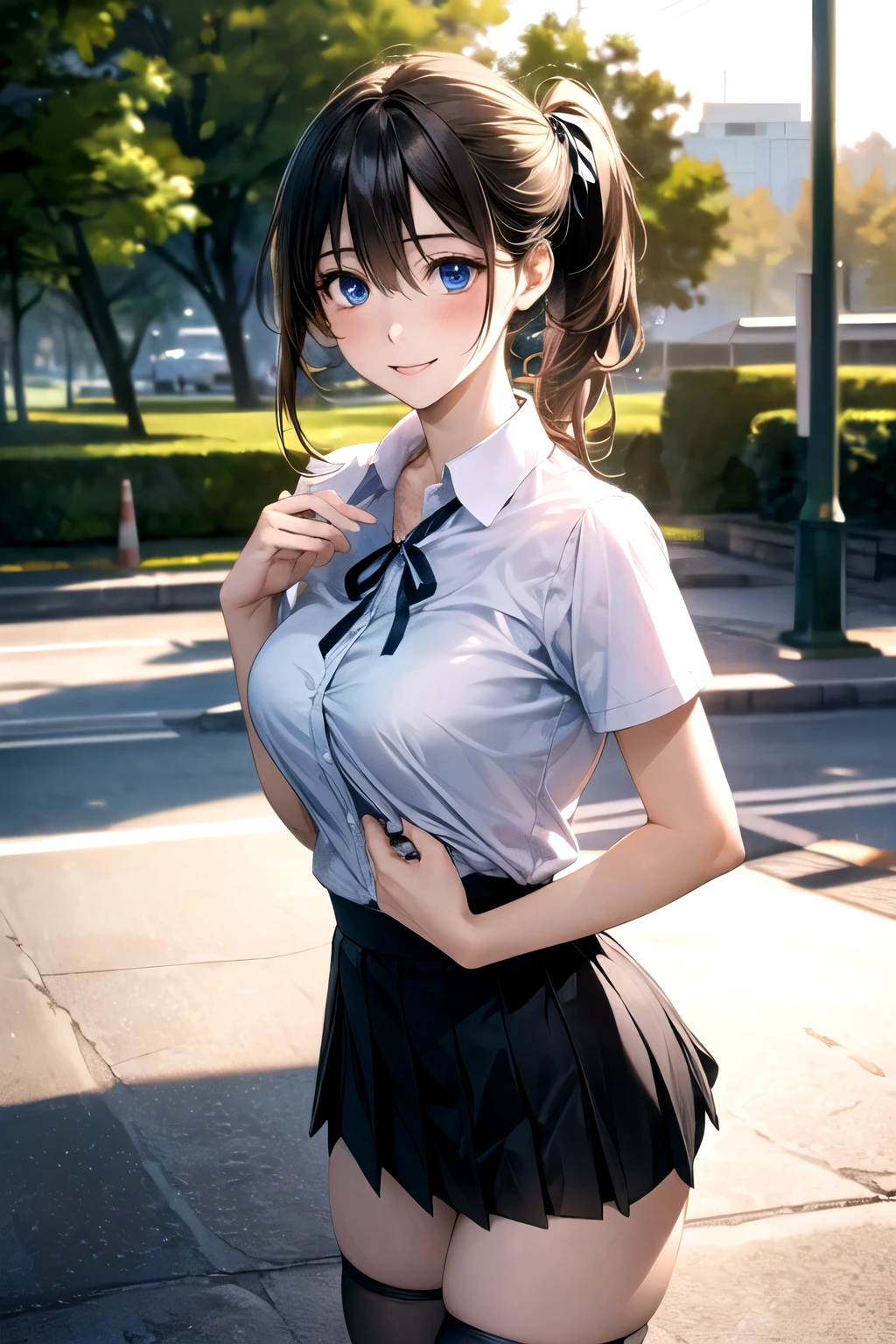 (masterpiece:1.2, top-quality), (realistic, photorealistic:1.4), beautiful illustration, (natural side lighting, movie lighting), looking at viewer, cowboy shot, front view:0.6, 1 girl, japanese, high school girl, perfect face, cute and symmetrical face, shiny skin, (middle hair:1.7, side ponytail:1.7, blond hair), hair between eyes, blue eyes, long eye lasher, (large breasts:0.9, thick thighs), beautiful hair, beautiful face, beautiful detailed eyes, beautiful clavicle, beautiful body, beautiful chest, beautiful thigh, beautiful legs, beautiful fingers, ((black pleated mini skirt, black stockings, unbuttoned white shirt)), black hair ribbon, pink panties, (beautiful scenery), evening, riverside, walking, hands on chest, (excited face, very happy)