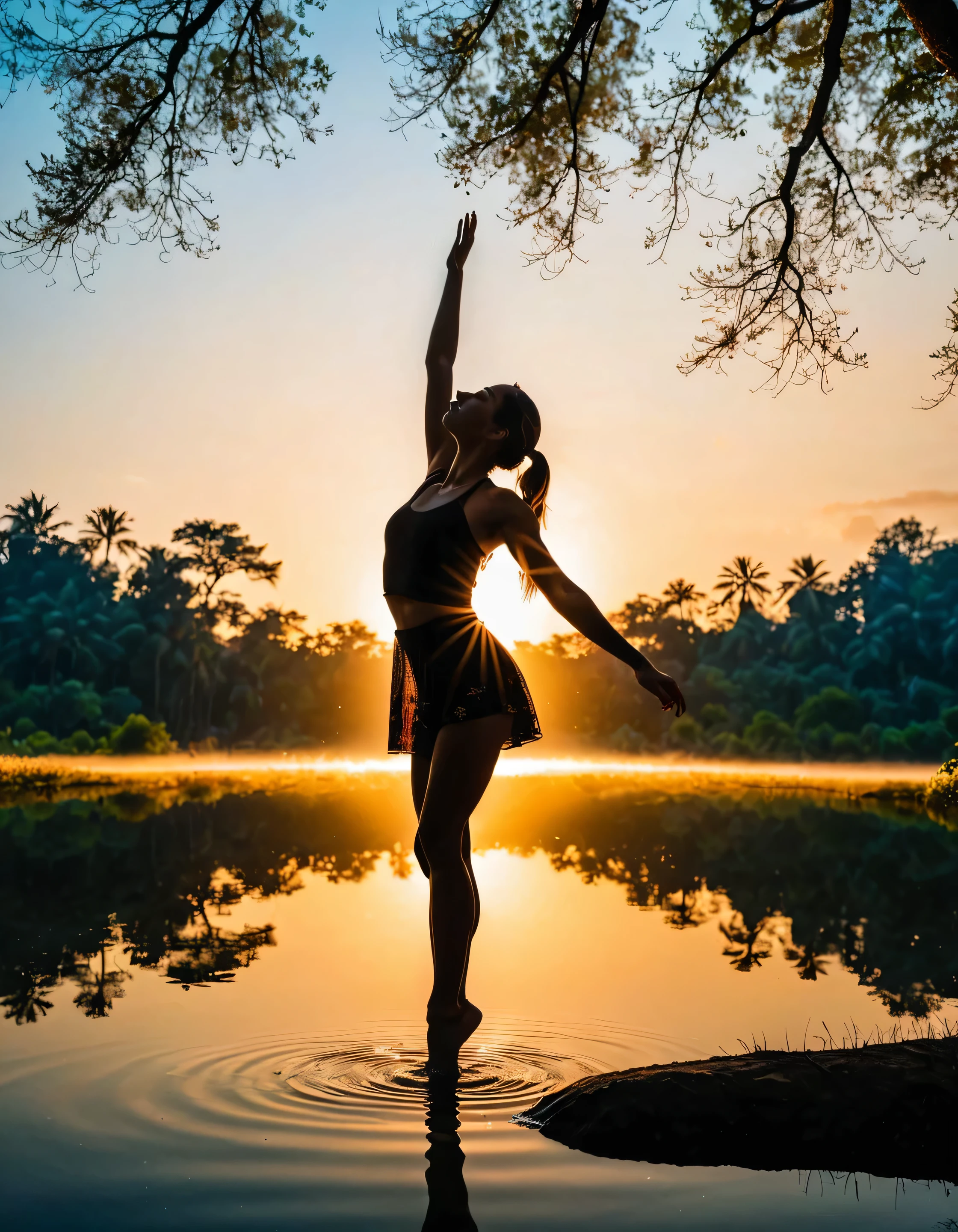(masterpiece, best quality:1.2), 1girl, solo, standing_split,
Silhouette photo of 1woman, multiple exposure, sunrise, water, trees, light-beams, enhance, intricate, high-saturation, (best quality, masterpiece, Representative work, UHD, HIghres, Professional, 8k wallpaper:1.3)