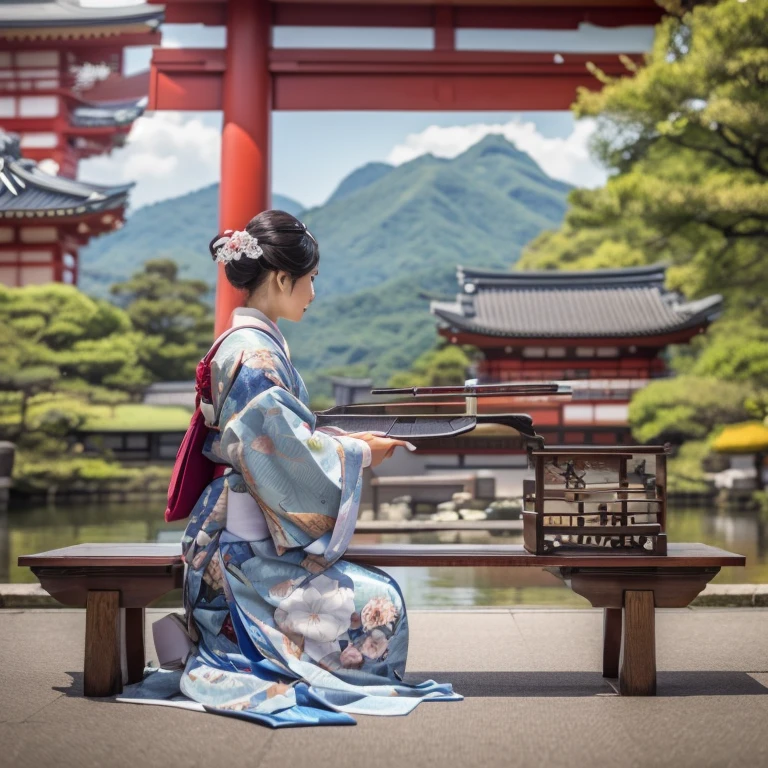 A woman wearing a kimono is sitting on a bench in front of the tower, traditional japanese, Japanese heritage, traditional japanese colors, ancient japanese, japanese woman, elegant japanese woman, traditional geisha costume, Japanese skilled geisha, Aesthetics of traveling to Japan, palace , girl in hanfu, traditional japanese art, japanese influences, japanese geisha, A quest to travel deeper into Japan