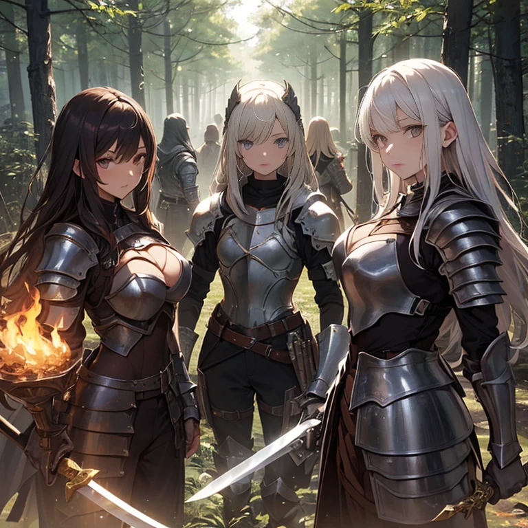 A group of  female knights, (in forest), various hair styles, harem, wearing armored clothes, metal armor, night, details face, trousers, seducing, sword, 