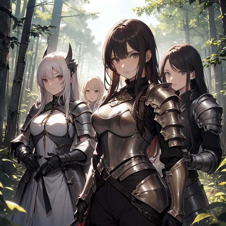 A group of  female knights, (in forest), various hair styles, harem, wearing armored clothes, metal armor, night, details face, trousers, seducing, sword, 