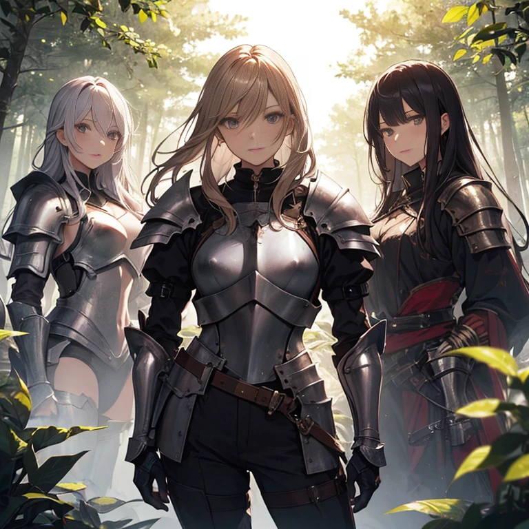 A group of  female knights, (in forest), various hair styles, harem, wearing armored clothes, metal armor, night, details face, trousers, seducing, sword, 