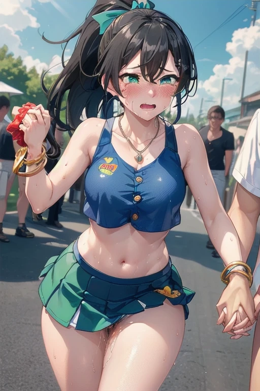 fuuma_home town,medium breasts,black hair,long hair,ponytail,green eyes,(Cheerleader, crop top, super mini skirt, bare shoulders) ,(Skin shining with sweat:1.1), outdoor,sunlight, spotlight effect,Bright Sky, blue sky with clouds,strong wind,(High resolution, high quality:1.1), intricate details, cinematic lighting, 1 female,(blush,Are crying),(necklace, bracelet),(remoteプレイ:1.2), (remote_It&#39;s vibrating:1.2), ((Hand holding the button at the bottom left of the screen:1.3))、Pussy juice flows from the crotch and down the thighs、pure white panties、