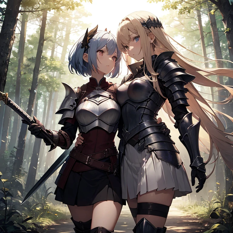 A group of female knight, (in forest), various hair styles, harem, wearing armored clothes, metal armor, night, details face, , short skirt, seducing, sword