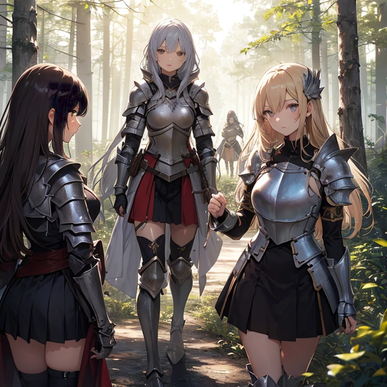 A group of female knight, (in forest), various hair styles, harem, wearing armored clothes, metal armor, night, details face, , short skirt, seducing, sword