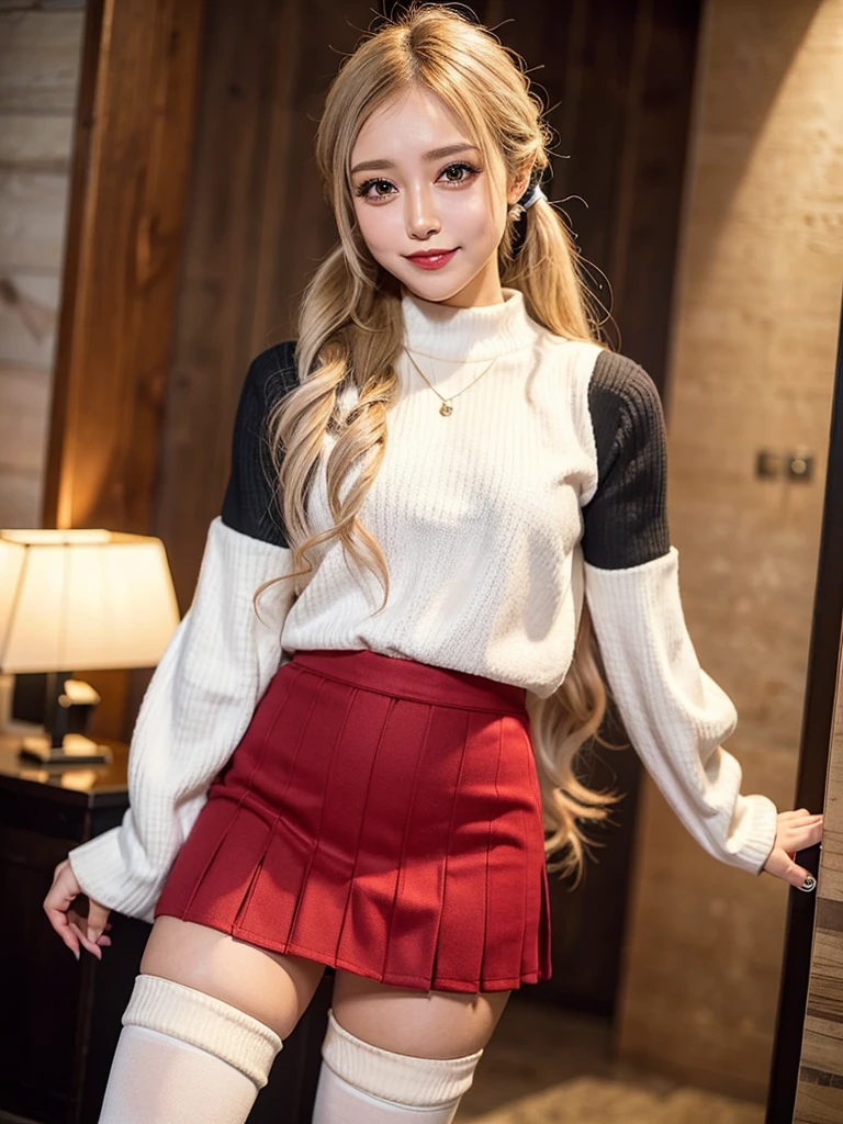 Super high quality, super high definition, super detailed, masterpiece, 20 years old, female, cute, nice body, perfect face, beautiful, white knit sweater, winter clothes, pleated skirt, red and black checked skirt, long skirt,necklace, bracelet, knee-high socks, boots, double eyelids, tear bags, fingers. Detailed, photo-like description, indoors, dim indoor lighting, blonde hair, pony tail,standing, whole body, composition that shows the whole body, smiling,