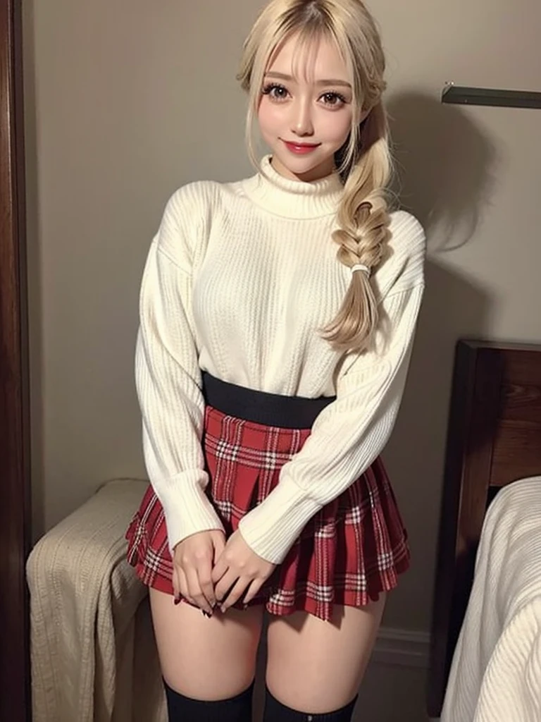 Super high quality, super high definition, super detailed, masterpiece, 20 years old, female, cute, nice body, perfect face, beautiful, white knit sweater, winter clothes, pleated skirt, red and black checked skirt, long skirt,necklace, bracelet, knee-high socks, boots, double eyelids, tear bags, fingers. Detailed, photo-like description, indoors, dim indoor lighting, blonde hair, pony tail,standing, whole body, composition that shows the whole body, smiling,