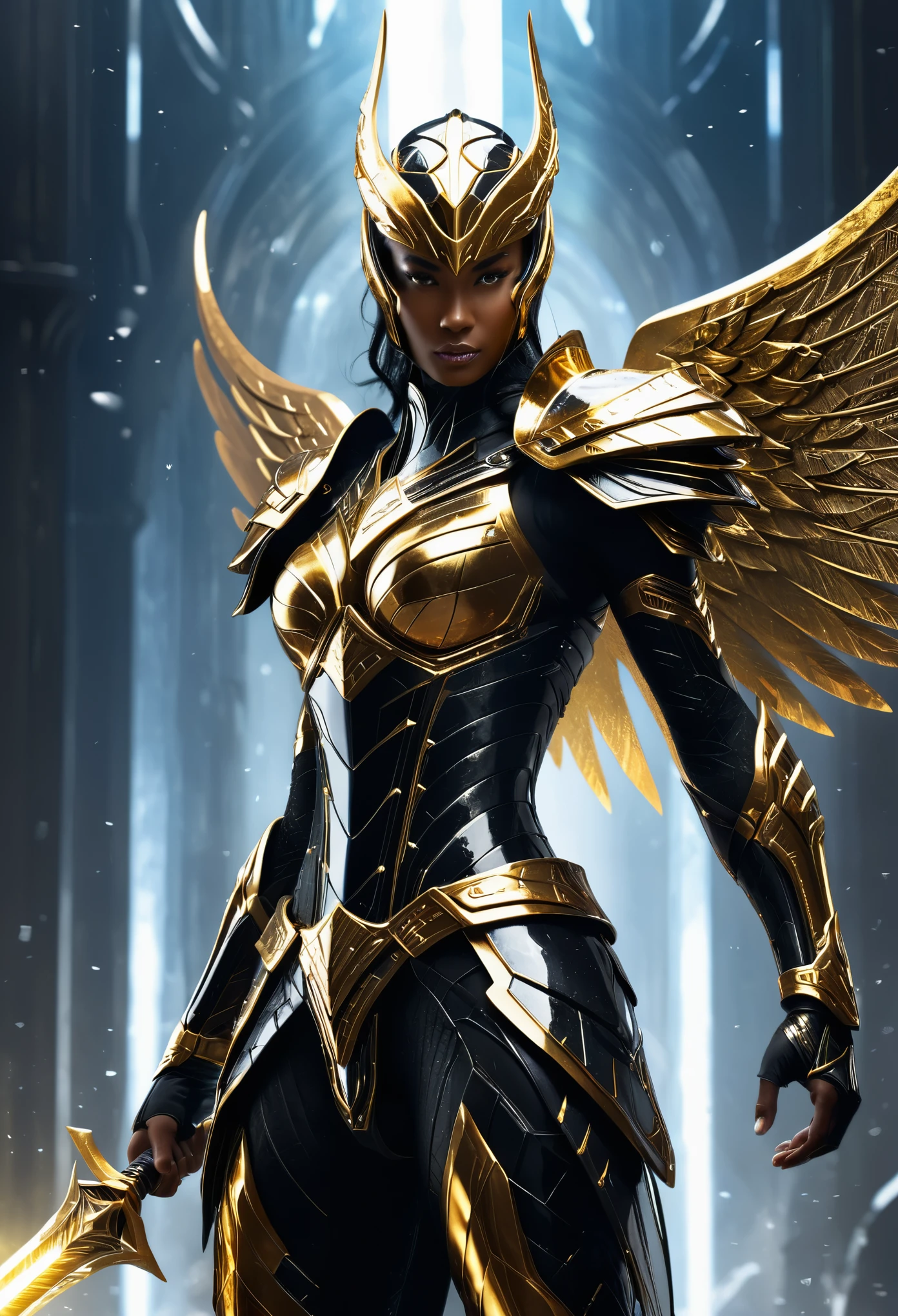 Create an image of a futuristic, black and gold skin-clad warrior, with intricate metallic armor detailing, wielding a sleek energy sword, beautiful wings, standing triumphantly atop a towering crystal formation, casting an ethereal energy aura.