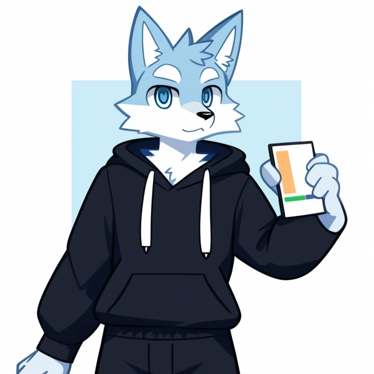 White and blue wolf illustration、Professional technology、soft fluffy fur、male people、yellow hoodie 、Blue eyes、Long black pants、Normal physique、age19、Heavy eyes、long-sleeve、Waist-length clothing、Illustration of only the upper body from the waist up、doodle