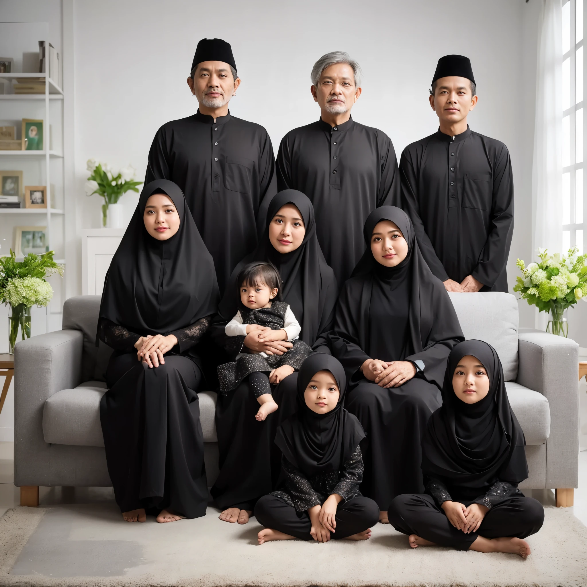 Family photo in Indonesia, nine members. Three men aged 50 and 35 standing, three women aged 50 and 30 sitting on the sofa, holding a 1-year-old daughter, and 2 daughters aged 10 and 6 (wearing hijab) sitting cross-legged in front, all wearing matching black Malay-style Muslim clothes and sharia robes, the same and harmonious black color, long hijab, bright living room studio photo, white lighting, green flower vase, SUPER DETAIL, realistic, ultra HD, 8K.