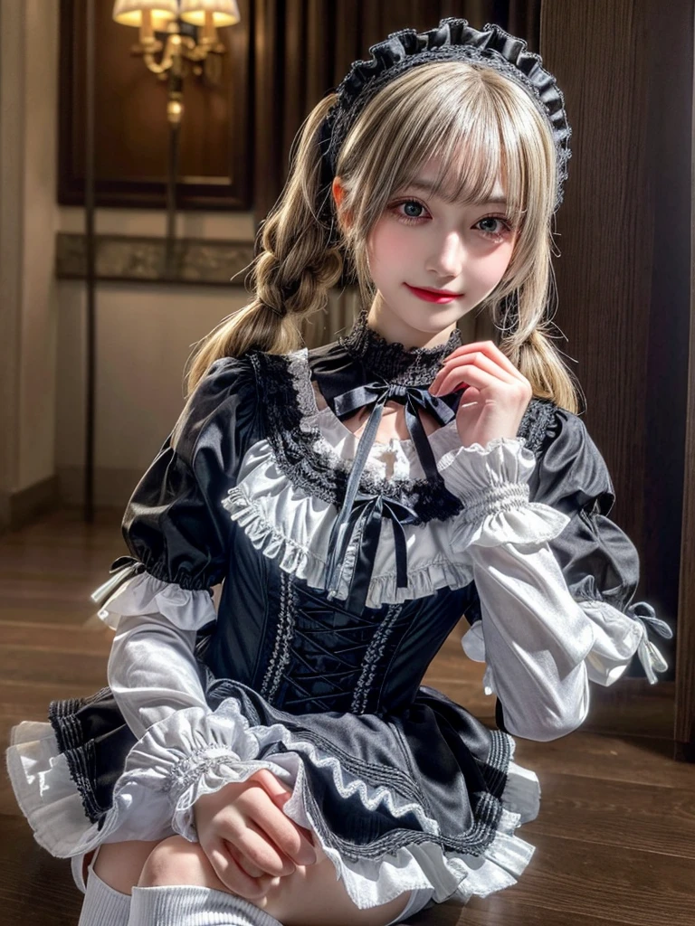 (8K, Photorealistic, Raw photo, of the highest quality: 1.3), (1girl in), Super beautiful, (Realistic face), (boyish, Silver Color Berry Shorthair), Beautiful , Glare that captivates the viewer, Beautiful expression, Beautiful breasts, (Realistic skin), Be...Super high quality, super high definition, super detailed, masterpiece, 20years old, female, cute, perfect face, beautiful, nice body, gothic ta clothes, gothic loliashion, frilly skirt, headdress, necklace, bracelet, knee-high socks, boots, double eyelids, tear bags, Detailed down to the fingers, photo-like description, indoors, dim indoor lighting, blonde hair, twin tail, standing, whole body, composition that shows the whole body, smiling