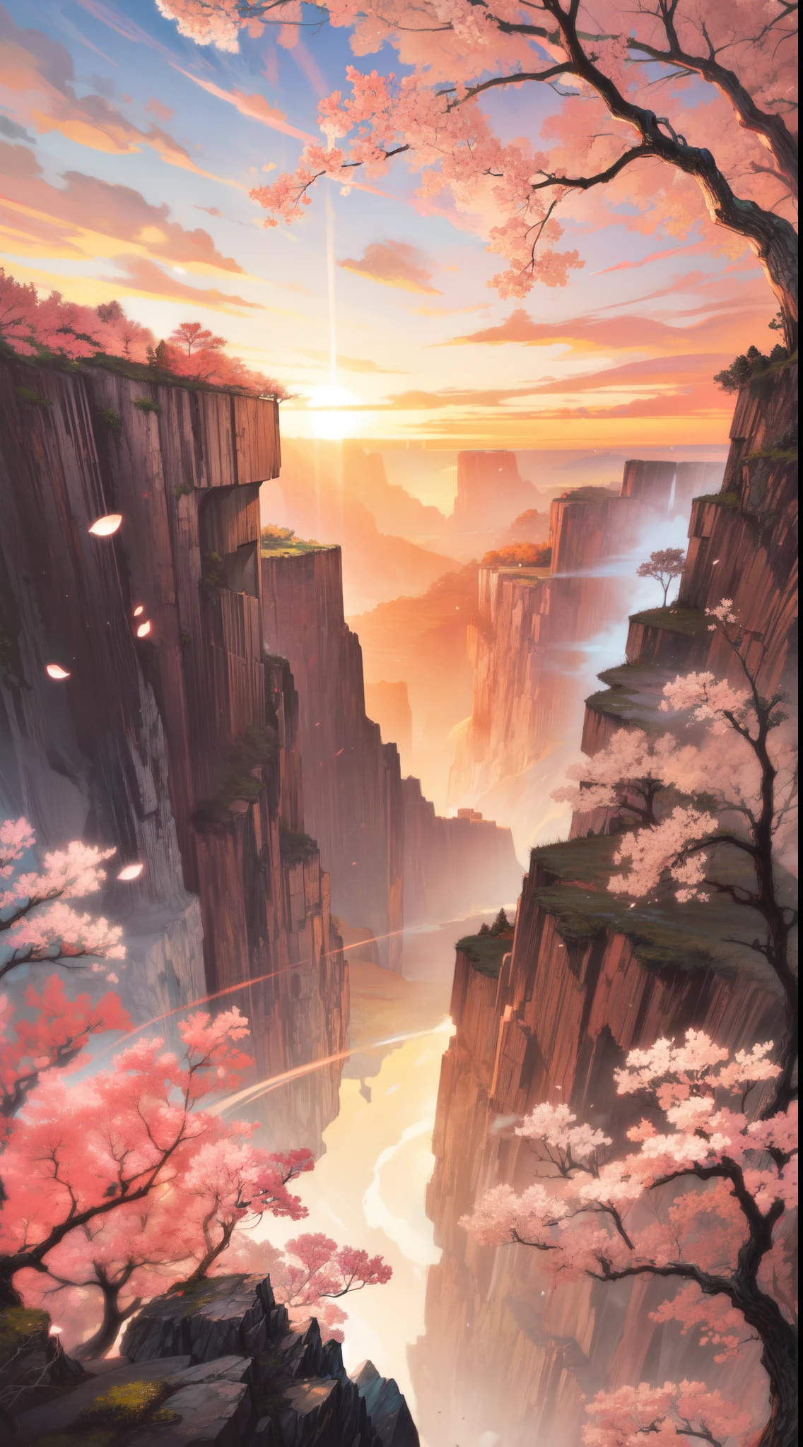 full view, a huge cliff, pink sakura tree, deep valley below, ancient, day light, scenery, beautiful sky background, orangish glow clouds, beautiful tones, beautiful ambience, glow on foliage,bright volumetric light, peaceful scene, light shining on part of foliage, micro landscape, intrinsic details
