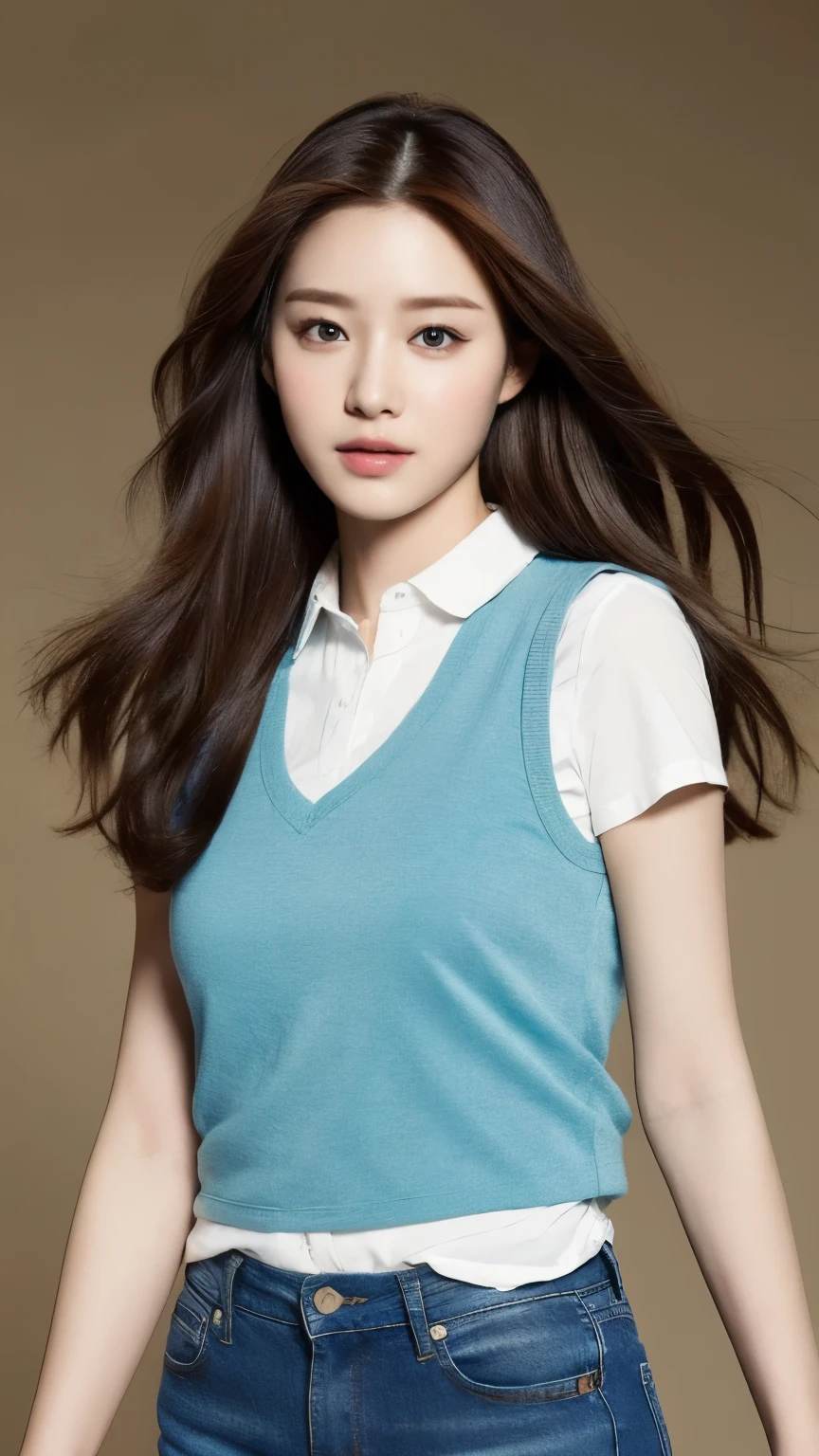 (lifelike, high resolution:1.1), 1 girl with perfect figure, The face shape and eyes are super delicate,long hair, random color vest:1.2, Short jeans, Dabubu,