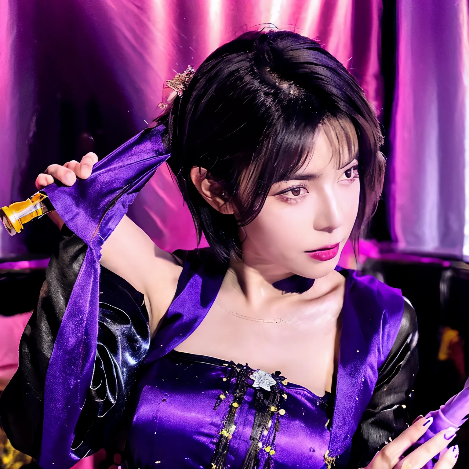 beautiful witch woman, with short black hair, purple eyes, big bust, Dressed in witch clothes, naked,Love juice is dripping, realistic, Full HD, highest quality,holding thighs in hand