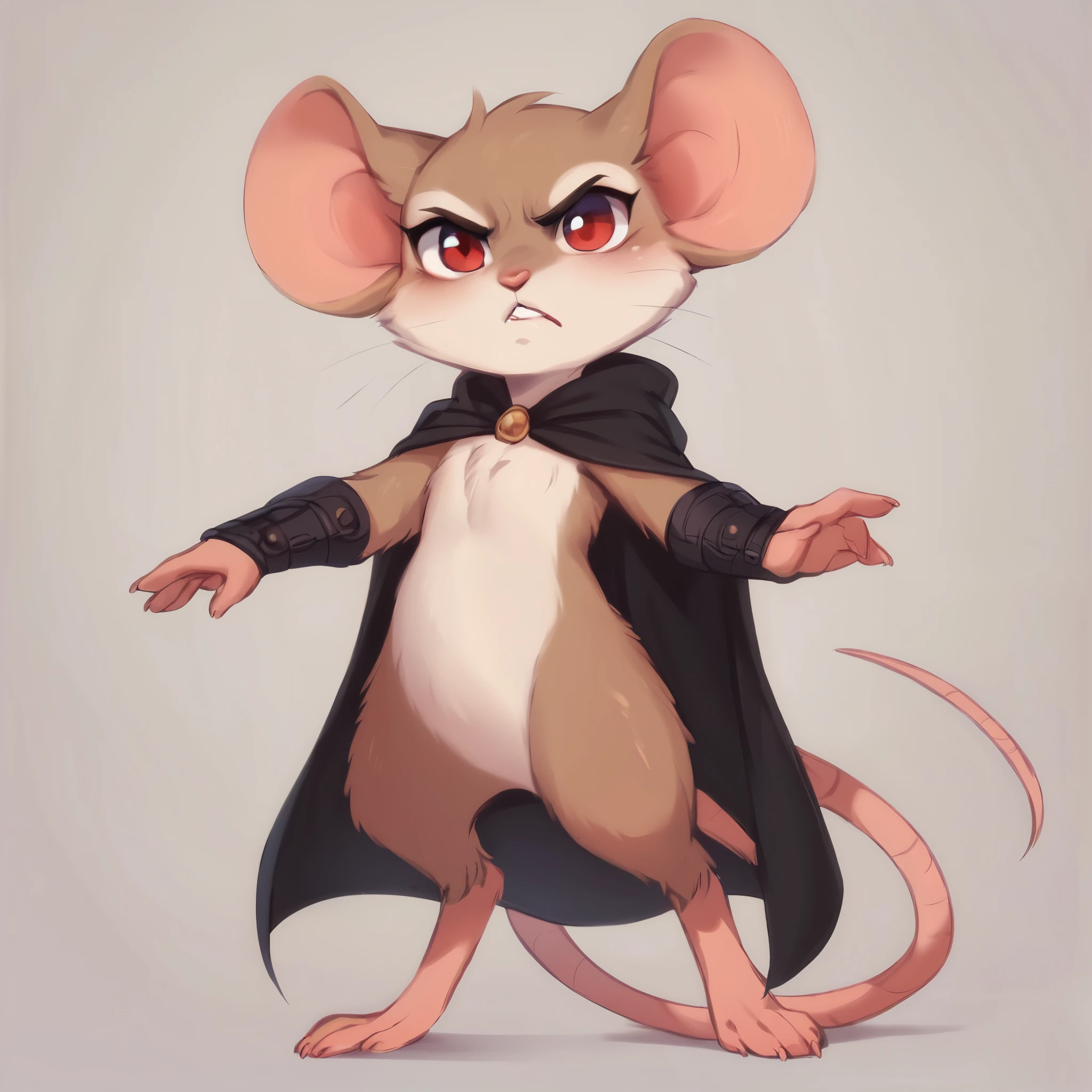 score_9, score_8_up, score_7_up, score_6_up, score_5_up, score_4_up, show accurate, full body, hungry body, simple background, (solo), (semi anthro), mouse, female mouse, fur body, ultra fine fur, standing, red eyes, (light brown dull fur), determined look, black color open cape, arm guard made leather, thief appearance,