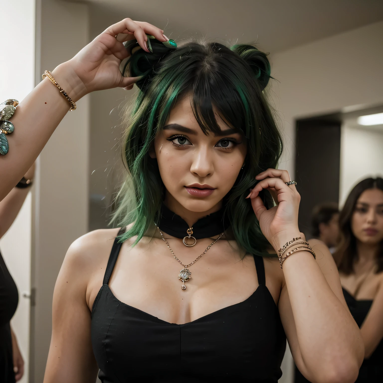 1girls, Nur, green Hair , 24 years old , She is wearing stylish clothes, heavy makeup, and extravagant jewelry.