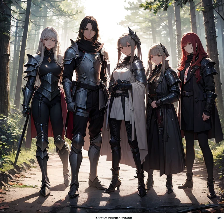 A group of female knights, (in forest), various hair styles, harem, wearing armored clothes, metal armor, night, details face, trousers, seducing, sword,