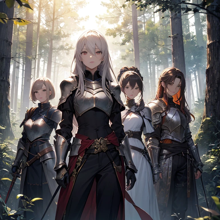 A group of  female knights, (in forest), various hair styles, harem, wearing armored clothes, metal armor, night, details face, trousers, seducing, sword, 