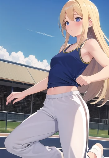 masterpiece,best quality,ultra detail, woman, track pants, tank top, running, blonde hair, blue eyes, long hair, small breasts, sun, happy, blush