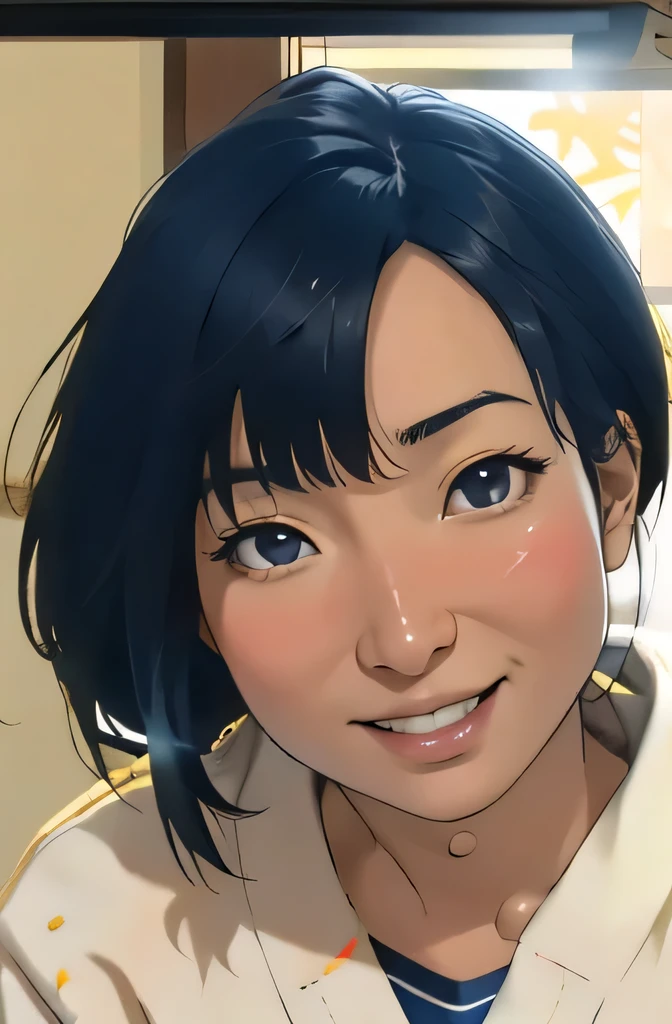 Risa, black haired japanese girl, short black hair, sitting in classroom in uniform , cute, beautiful, realistic style, highly detailed, 4k, look at camera, face close-up, laughing, ((golden ratio, center frame)), (((RISA))), face in center of picture