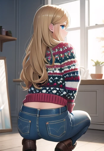 masterpiece,best quality,ultra detail,girl, 14 year old, jeans, christmas sweater, christmas tree, squatting, sweater, blonde hair, blue eyes, long hair, cropped sweater, from behind, butt crack