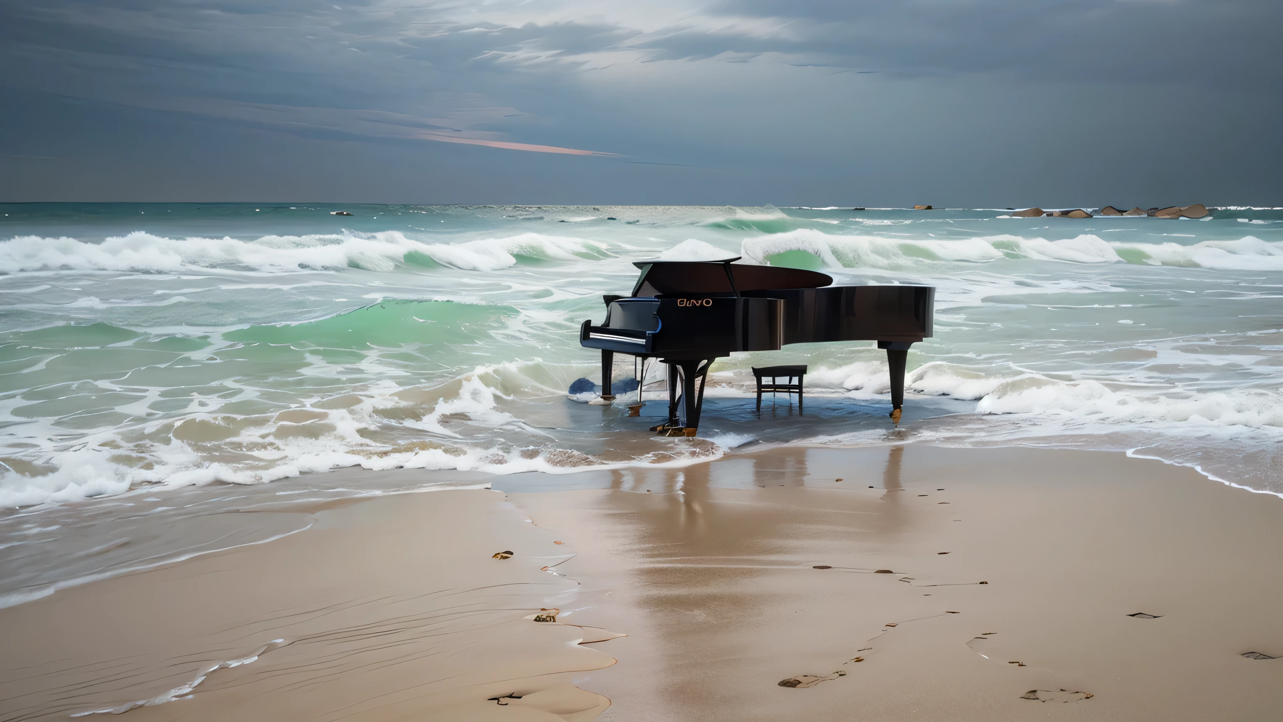 um piano de calda preto no em uma praia e a lua ao fundo