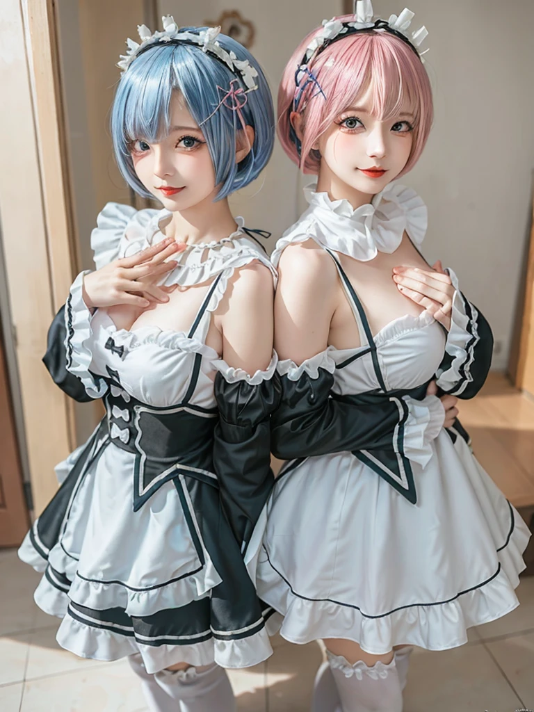 (8K, Photorealistic, Raw photo, of the highest quality: 1.3), (1girl in), Super beautiful, (Realistic face), (boyish, Silver Color Berry Shorthair), Beautiful , Glare that captivates the viewer, Beautiful expression, Beautiful breasts, (Realistic skin), Be...Create a detailed and colorful image of Ram and Rem from Re:Zero, standing back-to-back in their maid outfits, with a magical fantasy background、14years old, two girls,cute, perfect face, beautiful, nice body, gothic ta clothes, gothic loliashion, frilly skirt, headdress, necklace, bracelet, knee-high socks, boots, double eyelids, tear bags, Detailed down to the fingers, photo-like description, indoors, dim indoor lighting, one girl is pink hair and short bob, another girl is light blue hair and short bob,standing, whole body, composition that shows the whole body, smiling,The Both of them are wearing the same type of maid outfit