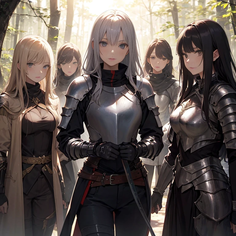 A group of  female knights, (in forest), various hair styles, harem, wearing armored clothes, metal armor, night, details face, trousers, seducing, sword, 
