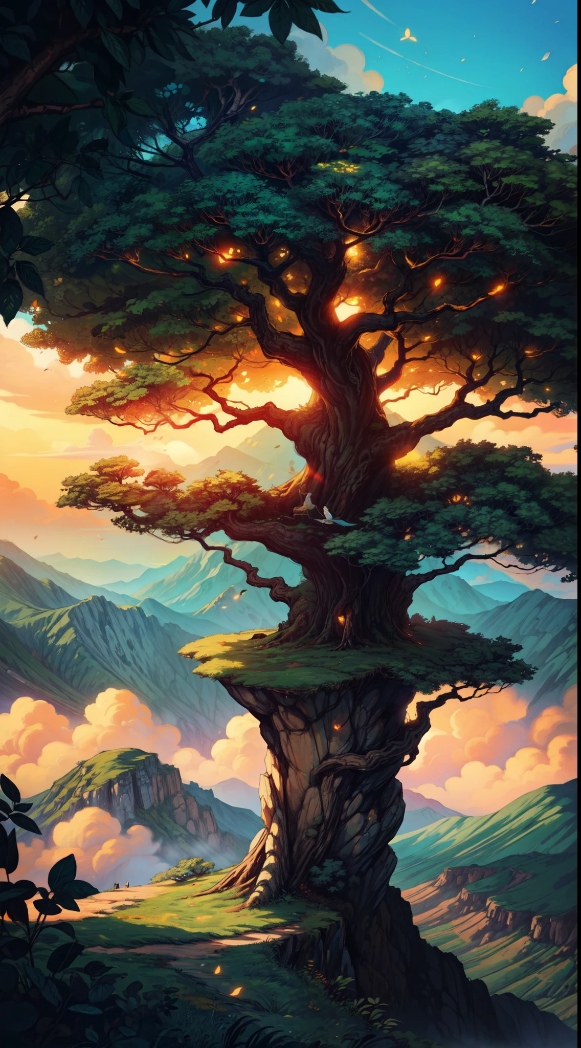 full view, a huge cliff, huge banyan tree, deep valley below, ancient, day light, scenery, beautiful sky background, orangish glow clouds, beautiful tones, beautiful ambience, glow on foliage,bright volumetric light, peaceful scene, light shining on part of foliage, micro landscape, intrinsic details