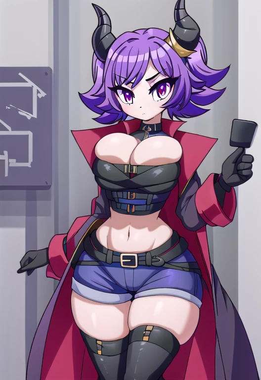 (masterpiece), (absurdres), (1girl), (focus on breasts), (upper body), (solo), (facing viewer), (hands behind back), (atb), (cleavage), (skindentation), (sexy), and (cute) (short) (dragon girl) with (large silver horns with purple lines), (black hair), (red eyes), an (enormous black tail), (slim figure), (huge breasts), (bursting breasts), (wide hips), and (incredibly thin waist) wearing a (black sleeveless trench coat with purple lines), (red crop top), (purple belts crossing her bust in an x), (black shorts with purple lines), (long purple gloves), (red stockings), and (black boots with purple lines)