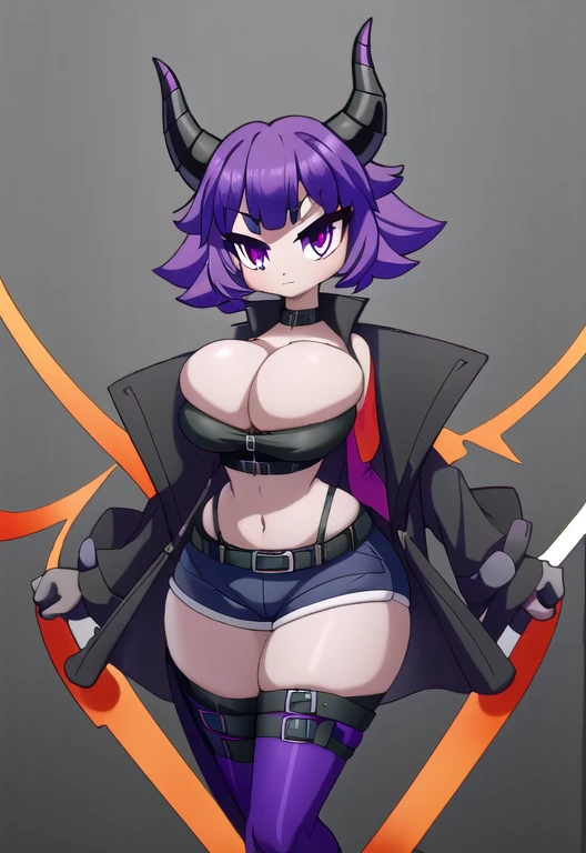 (masterpiece), (absurdres), (1girl), (focus on breasts), (upper body), (solo), (facing viewer), (hands behind back), (atb), (cleavage), (skindentation), (sexy), and (cute) (short) (dragon girl) with (large silver horns with purple lines), (black hair), (red eyes), an (enormous black tail), (slim figure), (huge breasts), (bursting breasts), (wide hips), and (incredibly thin waist) wearing a (black sleeveless trench coat with purple lines), (red crop top), (purple belts crossing her bust in an x), (black shorts with purple lines), (long purple gloves), (red stockings), and (black boots with purple lines)