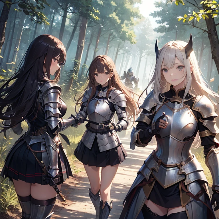 A group of  female knight, (in forest), various hair styles, harem, wearing armored clothes, metal armor, night, details face, , short skirt, seducing, sword 