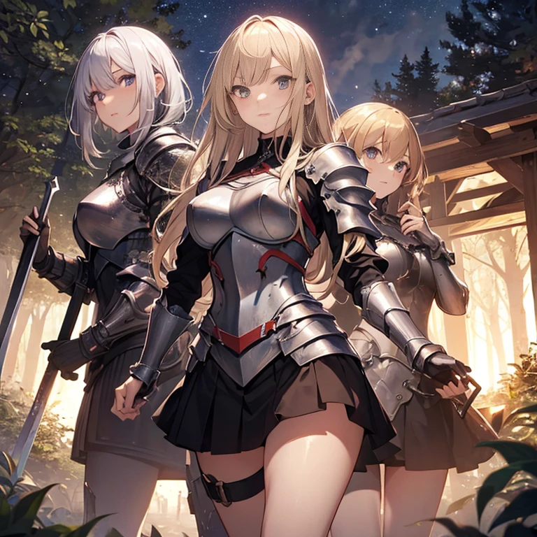 A group of female knight, (in forest), various hair styles, harem, wearing armored clothes, metal armor, night, details face, , short skirt, seducing, sword