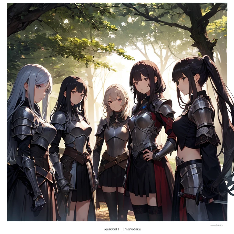 A group of female knight, (in forest), various hair styles, harem, wearing armored clothes, metal armor, night, details face, , short skirt, seducing, sword